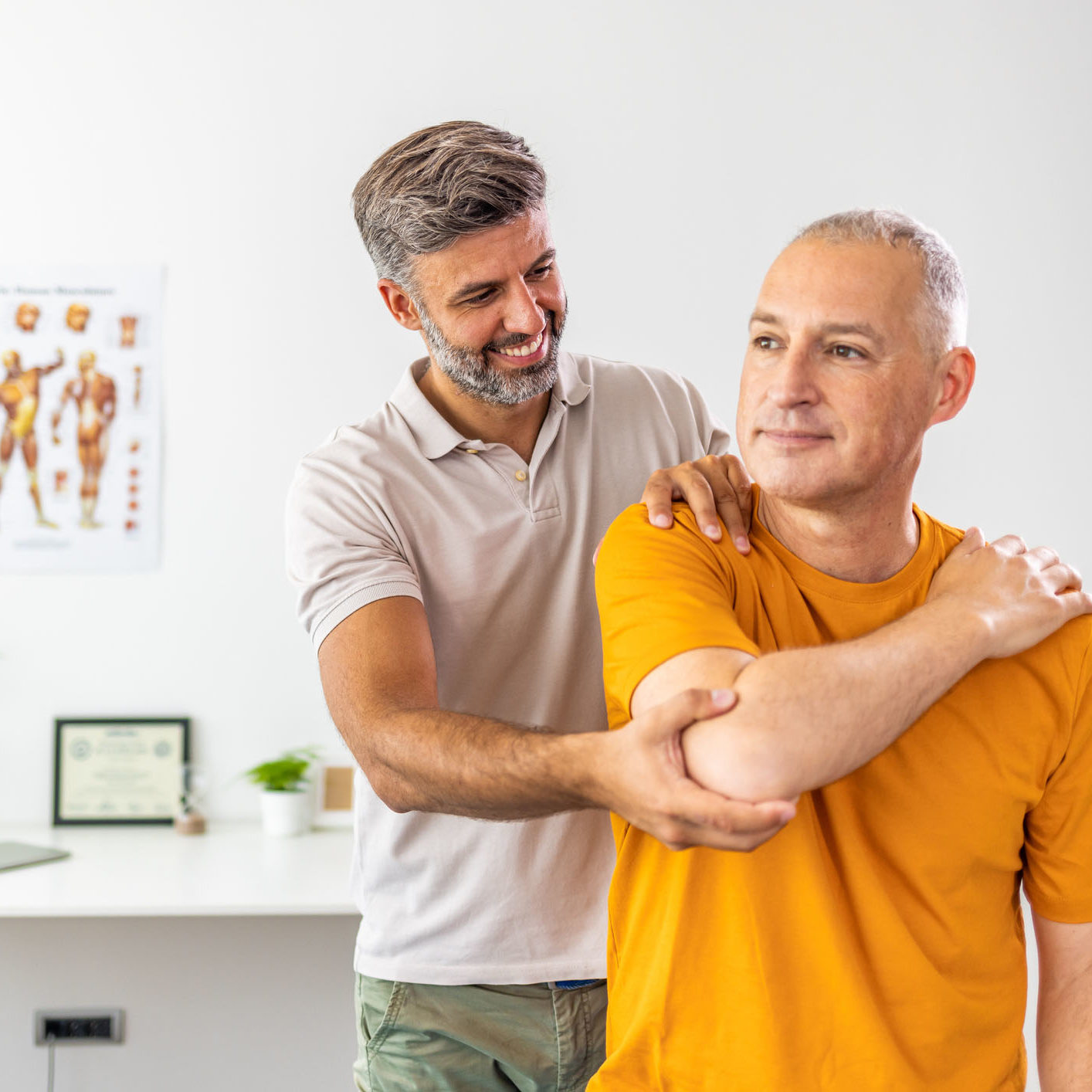 Physical therapists are checking patients elbows at the clinic office room