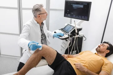 Medical expert in white coat performs ultrasound on male patient's knee, evaluating injury during consultation in modern ultrasonic office. Knee ultrasound